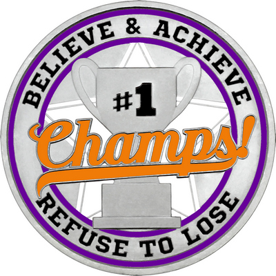 Orange "Champs!" with Purple Outer Circular Borders